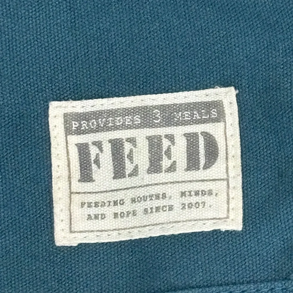 FEED Market Tote Bag Teal Blue Canvas Tan Straps Provides 3 Meals Grocery Bag